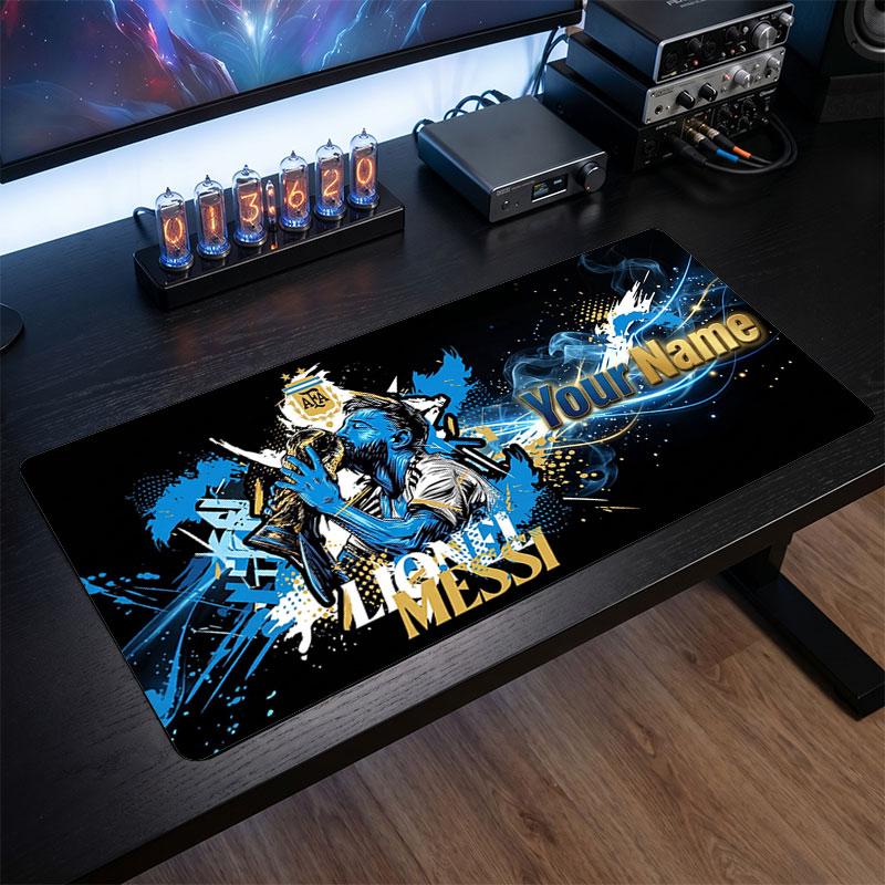 Lionel Messi Custom Large Mouse Pad, Personalized Name Text Print, Football Logo Non‑Slip Desk Mat Gaming Gift