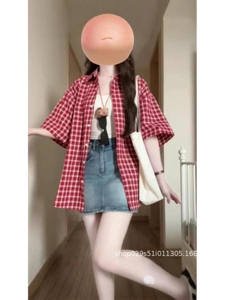 Женская красная клетчатая рубашка-поло с коротким рукавом - Летний свободный повседневный кардиган-топ, Универсальный стиль