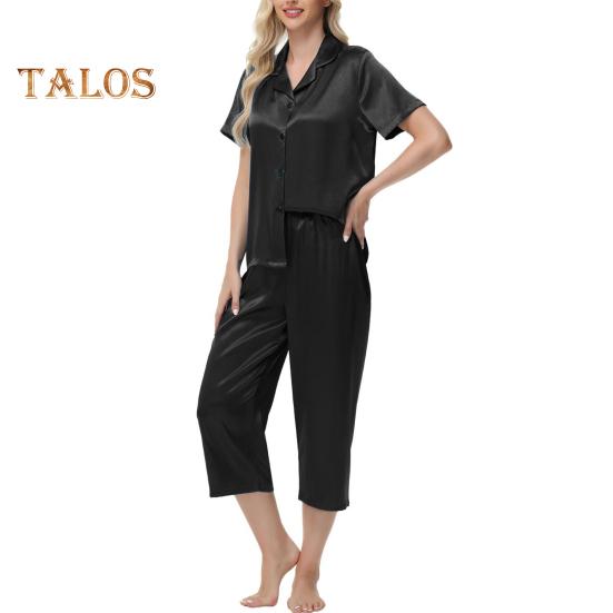 2 шт./комплект пижамы Ice Silk, рубашка с длинным рукавом и застежкой на пуговицы, эластичный пояс, широкие укороченные брюки, домашняя одежда, повседневный наряд, весенняя одежда для сна