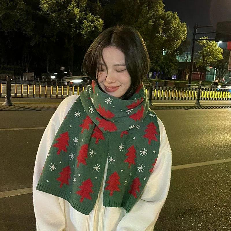 Рождественская елка Красный вязаный шарф Универсальный женский аксессуар Рождественские подарки Осень Зима Теплая защита шеи Шарф Зеленый шарф