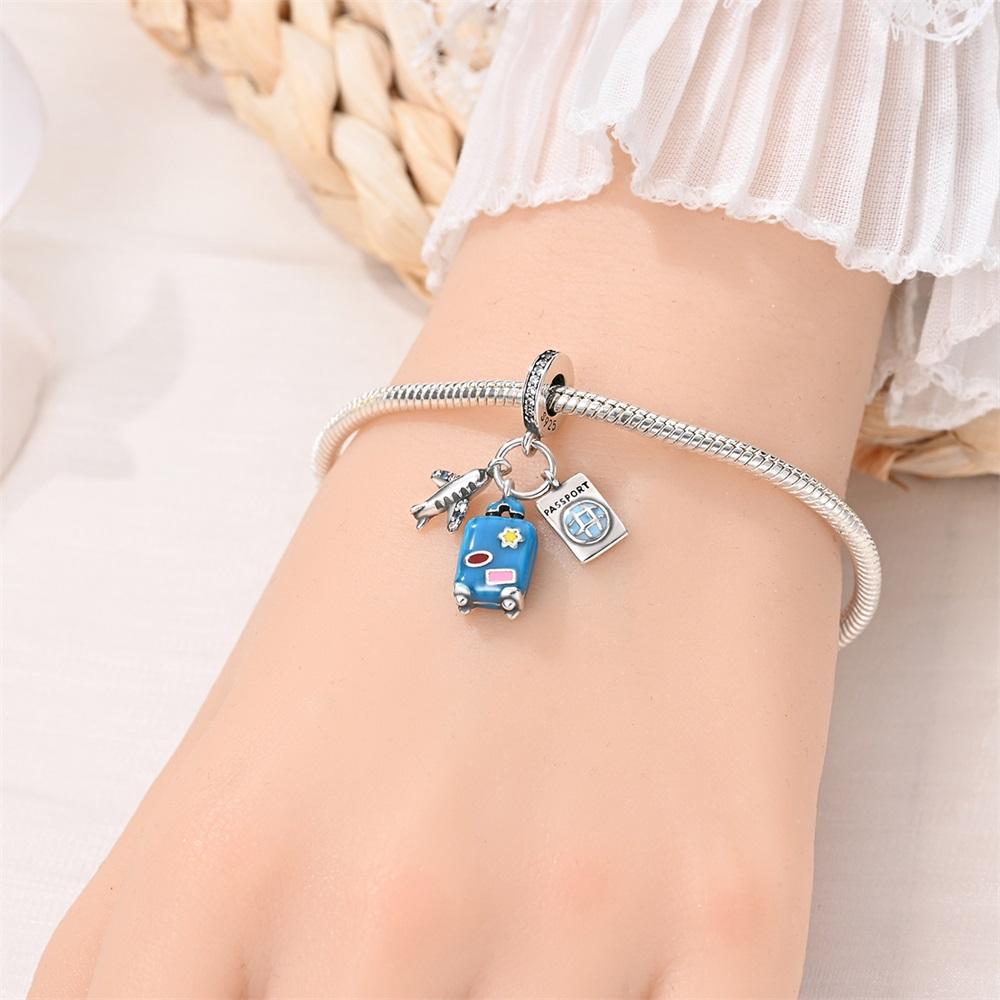 Fine 925 Sterling copper Airplane,Blue Suitcase & Passport Triple Dangle Charm Fits Original Bracelet Necklace Exquisite Gifts