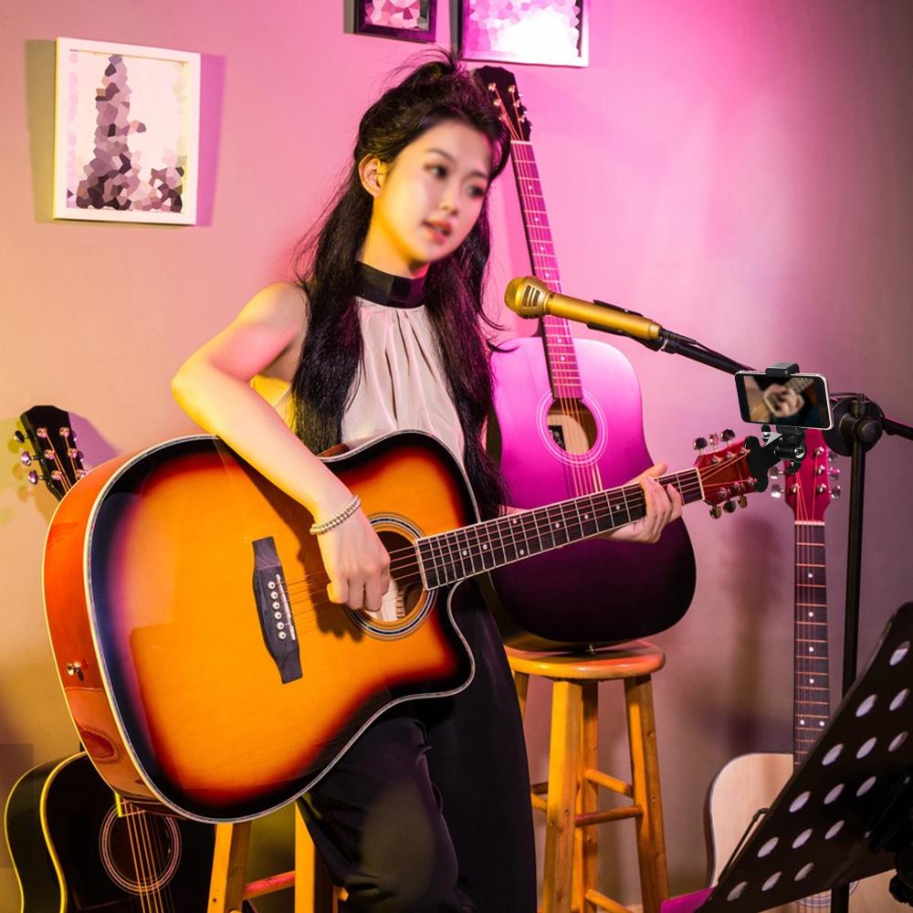 Держатель для телефона для гитары с вращением на 360 градусов, держатель для телефона на головке грифа гитары/бас-гитары, зажим для грифа гитары для электрогитары/бас-гитары