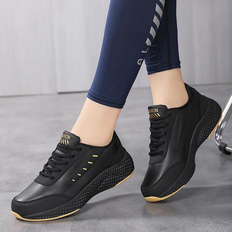 Fashion Women's Leather Sneakers Casual Sneakers Lace Up Flats Lightweight Comfortable Black Anti-slip Running Shoes Outdoor Sports