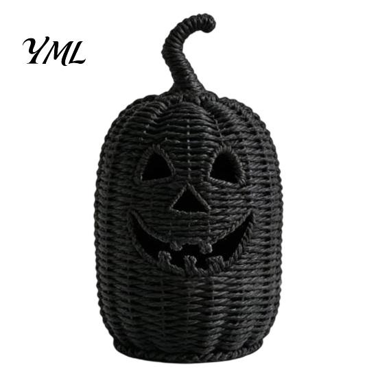 Handmade Woven Texture Craft Faux Rattan Halloween Pumpkin Figurine, Black Resin Statue with Witch Fall Holiday Window Display Hat, Rustic Wicker
