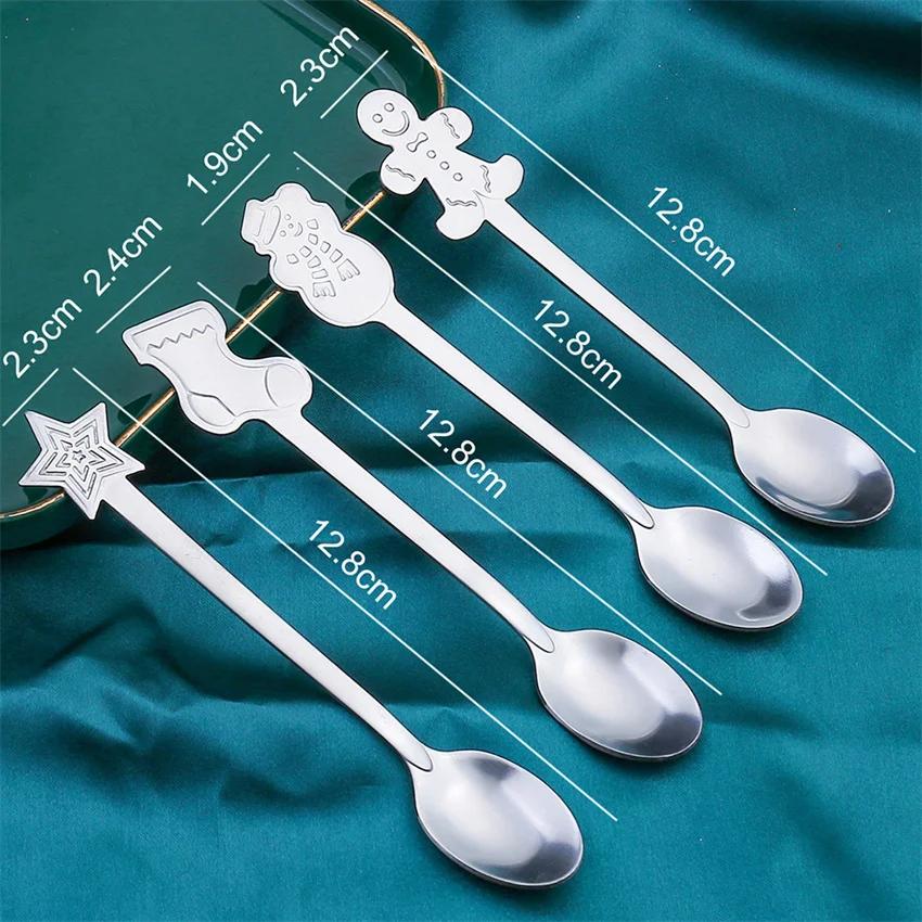 4Pcs Gold/Silver Christmas Coffee Spoons with Gift Box Stainless Steel Gingerbread Man Dessert Spoons Cutlery Spoon Xmas Gift