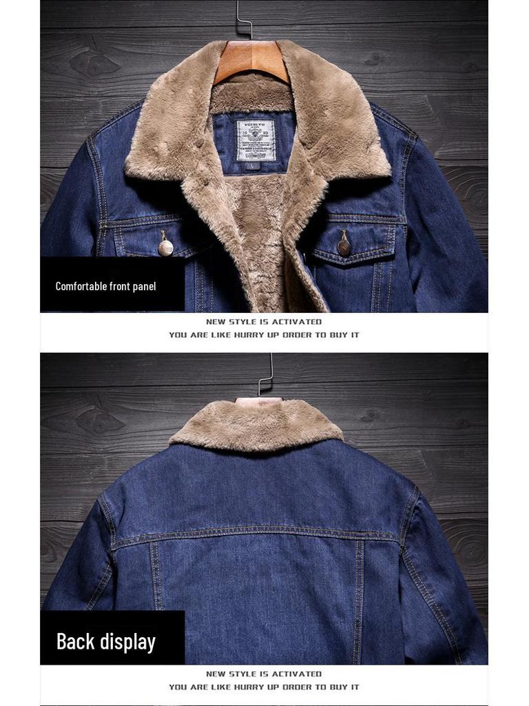 Мужская теплая джинсовая куртка на флисовой подкладке из овечьей шерсти для осени и зимы