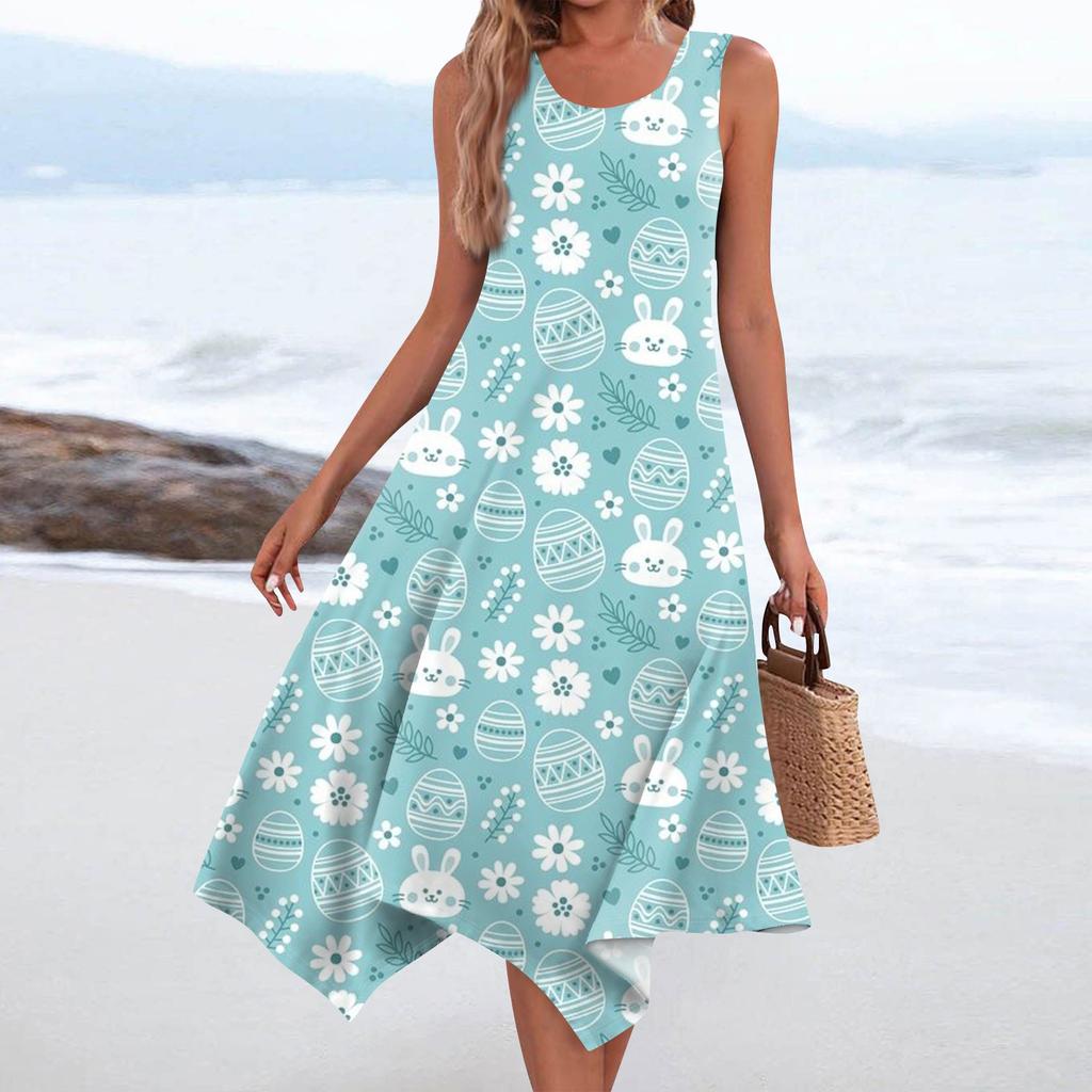 Women's Casual Fashion Round Neck Sleeveless Print Irregular Hem Midi Dress
