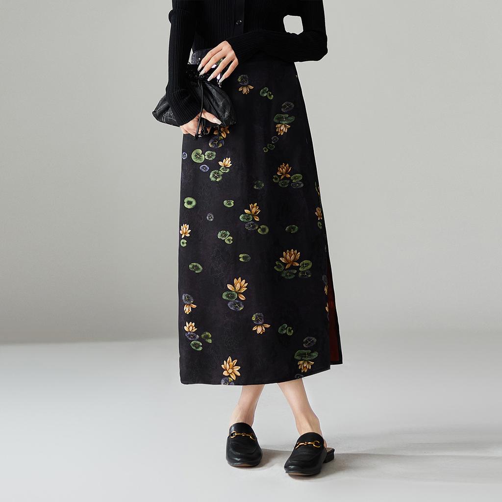 National style high waisted printed midi skirt with 2026 spring temperament, versatile for commuting, mid length straight leg slit skirt
