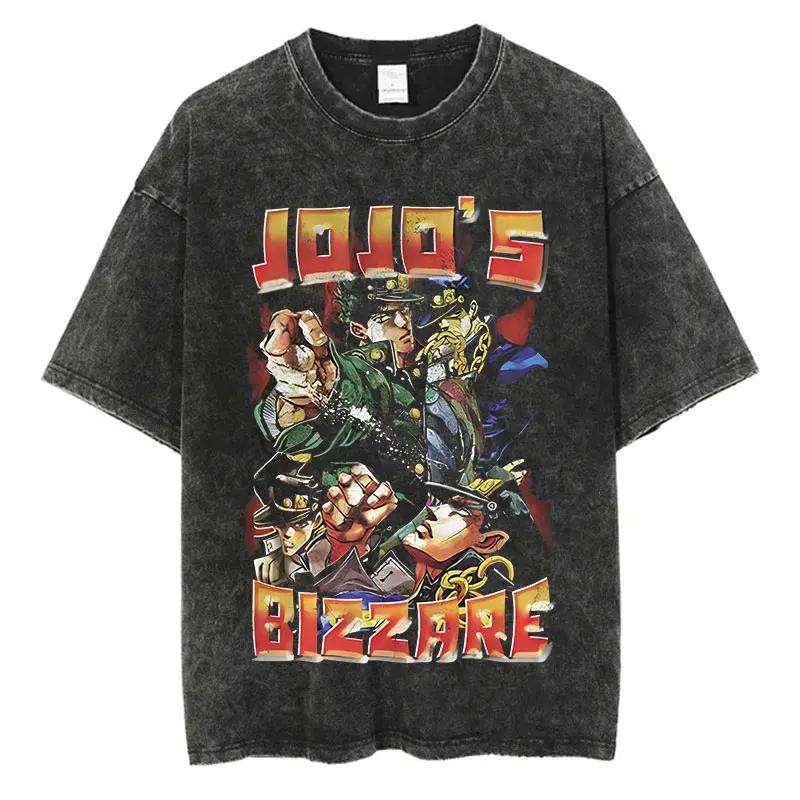 Винтажная стираная футболка мужская летняя хип-хоп уличная футболка JoJo's Bizarre Adventure аниме принт хлопок повседневная с коротким рукавом футболка