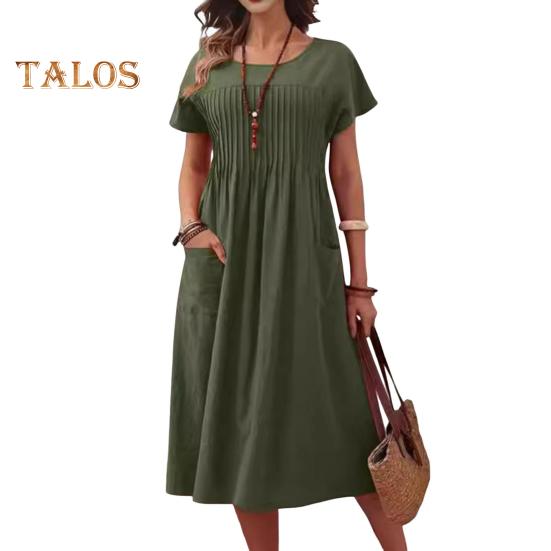 Женское повседневное платье, платье макси с круглым вырезом, короткими рукавами и карманом, свободное летнее платье для офиса, повседневная пляжная вечеринка