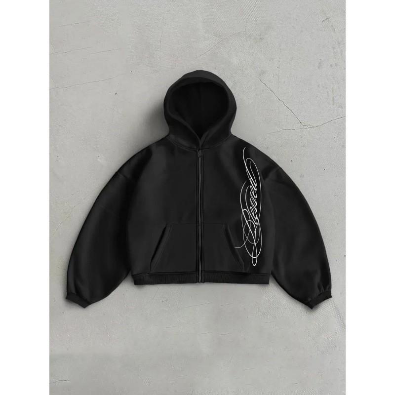 2026 Fall Winter Hooded Zip Sweatshirt Printed Loose Vintage Streetwear Women