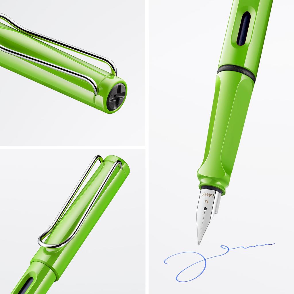LAMY Safari Fountain Pen Ergonomic Polished Steel Size with LAMY blue Ink Green, Grip, Nib, F, Cartridge, Right-Handed