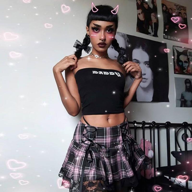 Womens Stripe Pleated Skirts Tank Cute Sweet Girls School Skirt Plaid Lace Up Mini Goth Gloves Skirt Lace