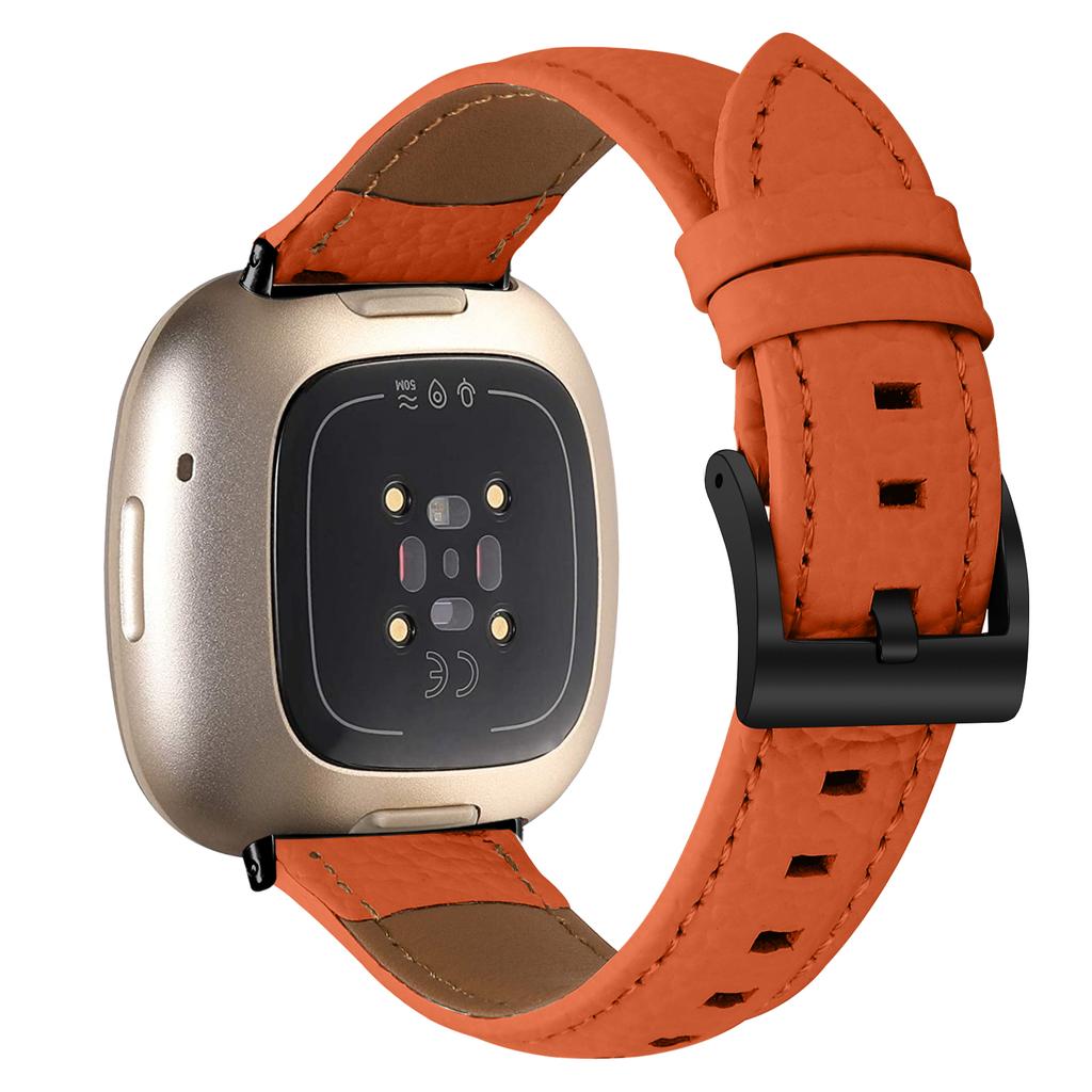 Litchi Textured Genuine Cow Leather Strap with Electroplated Buckle for Fitbit Versa 3/Sense Pointed-End Watch Band