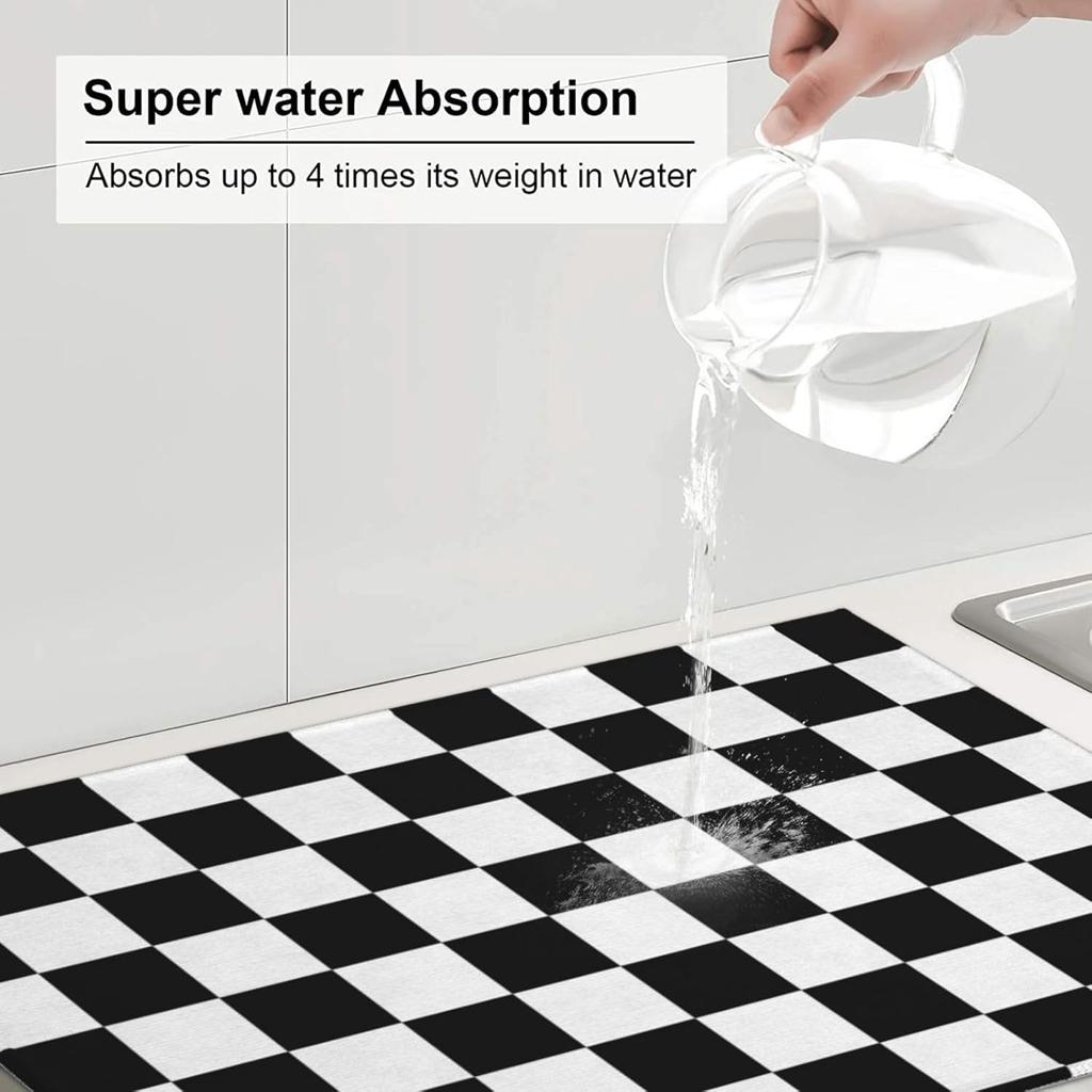 Black White Checkered Dish Drying Mat for Kitchen Counter, Coffee Bar Accessories, Retro Classic Plaid Pattern Absorbent Coffee Mat Kitchen Drying