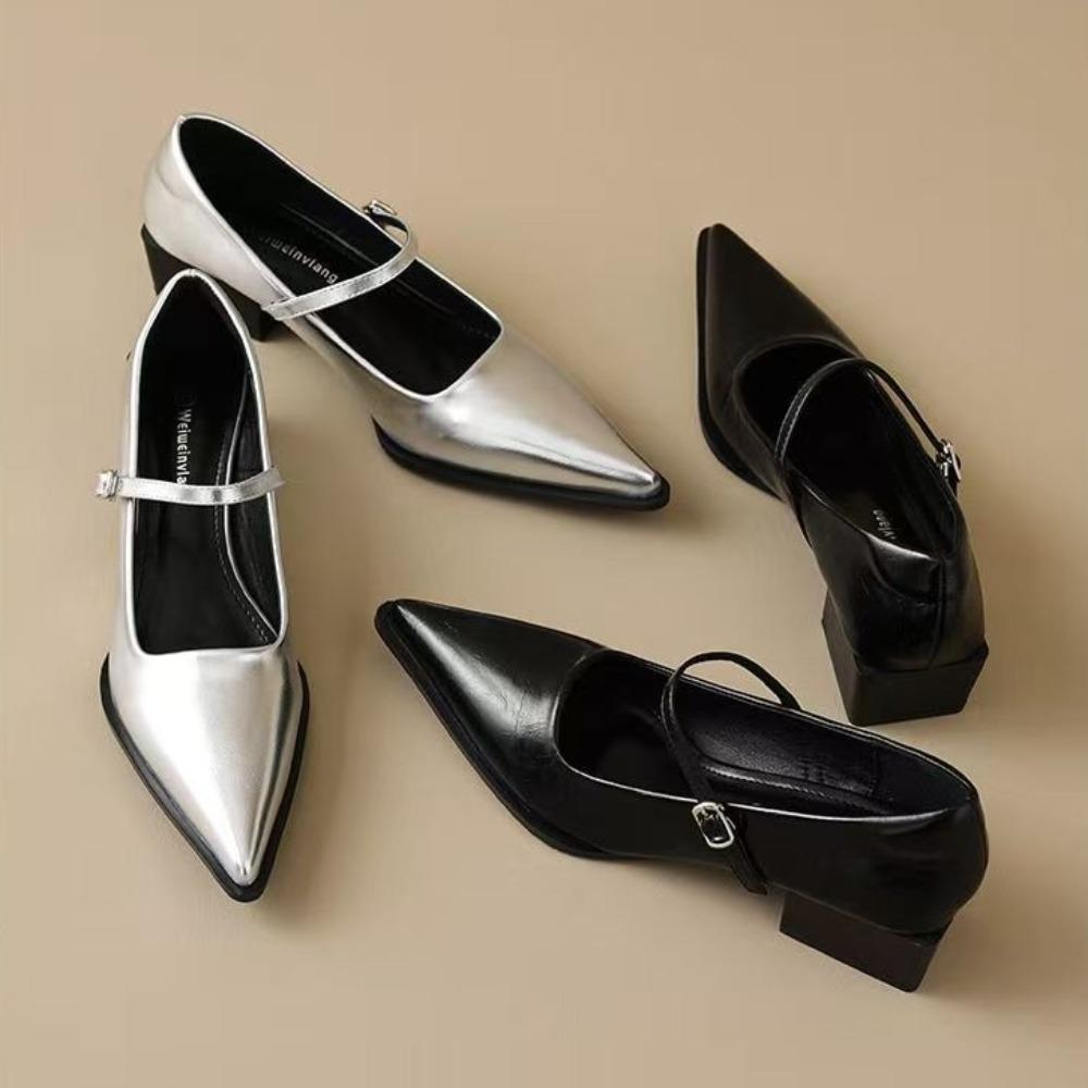 Туфли Мэри Джейн в стиле ретро с острым носком Женские из мягкой кожи с надписью с легким вырезом на толстом каблуке Одинарные туфли Женские туфли на высоком каблуке