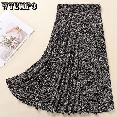 Женская юбка средней длины, летняя плиссированная юбка из ледяного шелка, средней длины, женская юбка трапециевидной формы с цветочным принтом и высокой талией для женщин среднего возраста