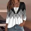 Women's Fashion Casual Long Sleeve Shirt Geometry Printed Button V Neck Up Tops
