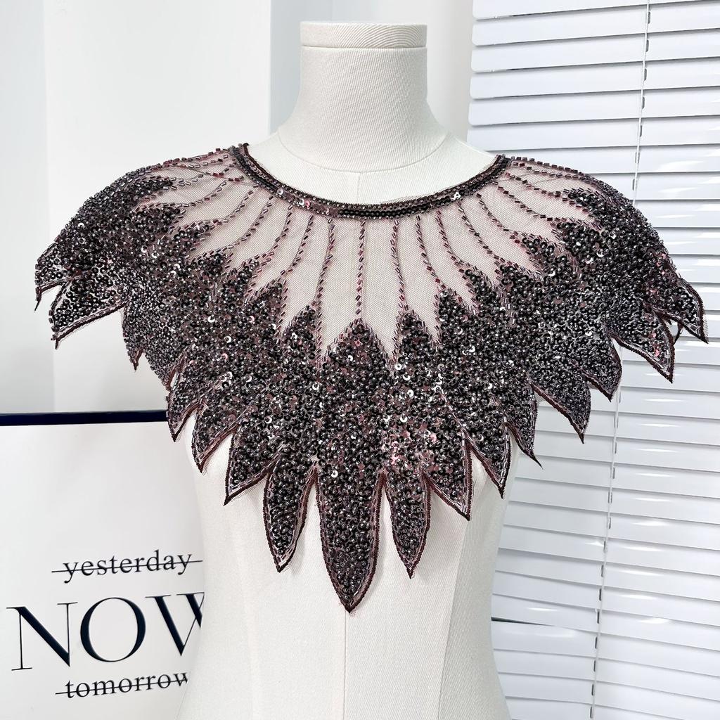 Блестящий кружевной вырез с аппликацией из бисера, нашивка на вырезе, имитация воротника, блестки, кружевной воротник, шитье
