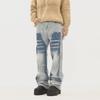 2024 Мужские модные американские джинсы High Street Washed Ink Destroyed с двухцветной строчкой Loose Straight