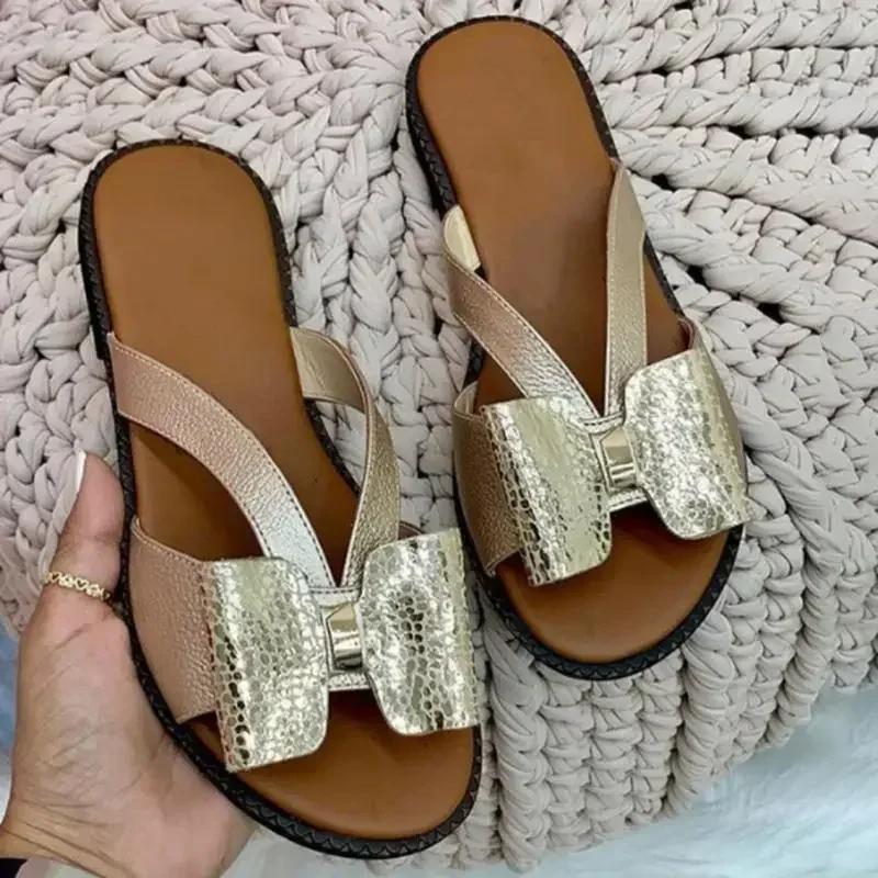 Women's Slippers 2024 Summer New Cute Bow Casual Fashion Comfortable Low Heel Lace-Up Slip-On Flat Slippers Women's Shoes Trendy