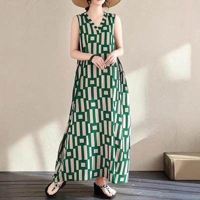 Женское летнее платье без рукавов с V-образным вырезом, свободного кроя, в литературном праздничном стиле, пляжное, в стиле ретро, длинное