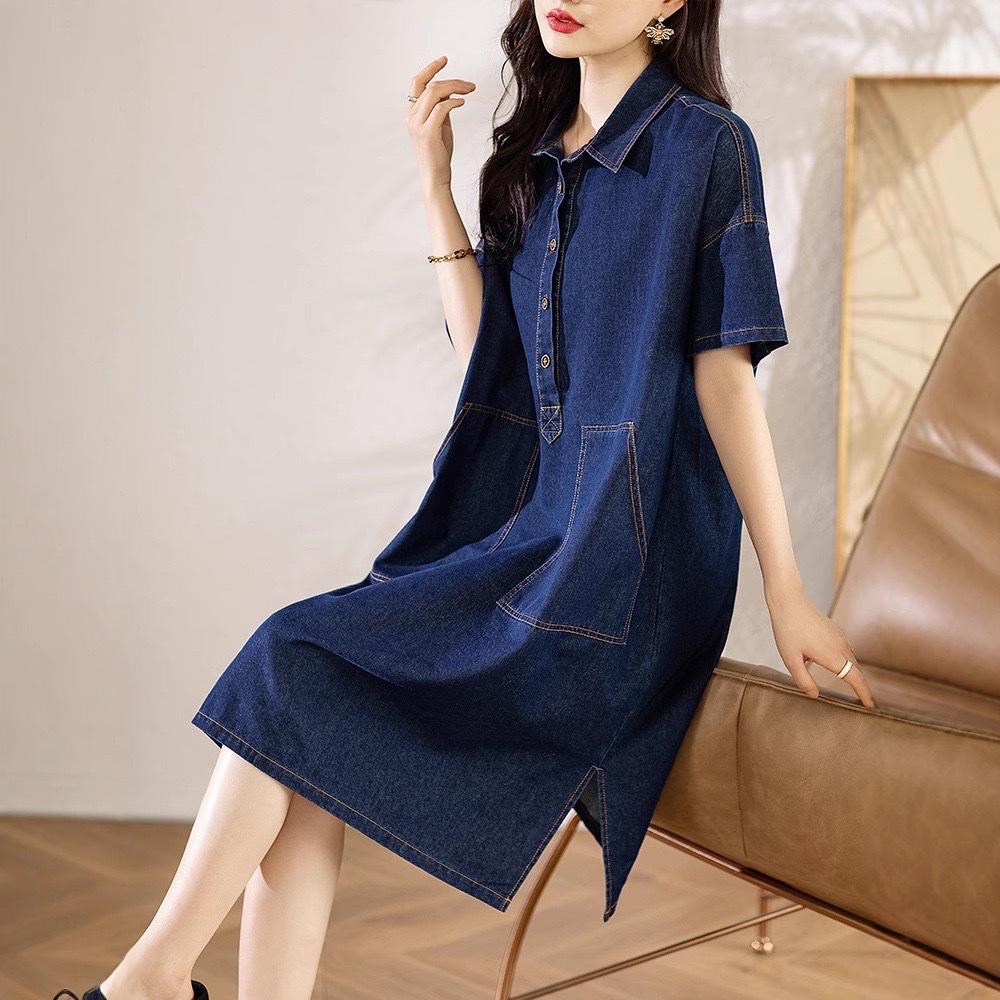 New Plus Size Women's Denim Dress Casual Shirt Collar Loose Straight Tube Dress Half Open Cardigan Casual Dress