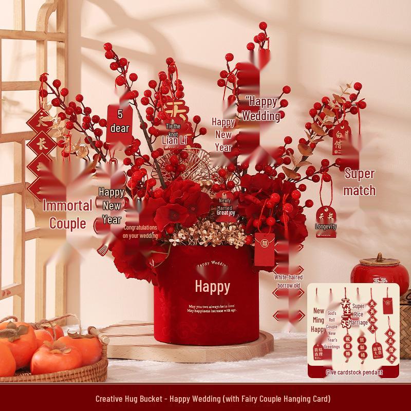 Engagement & Wedding Ornaments: Room Decor Bouquet & Double Happiness Bucket Set for Newlyweds - Ideal for Master Bedroom & Living Room.