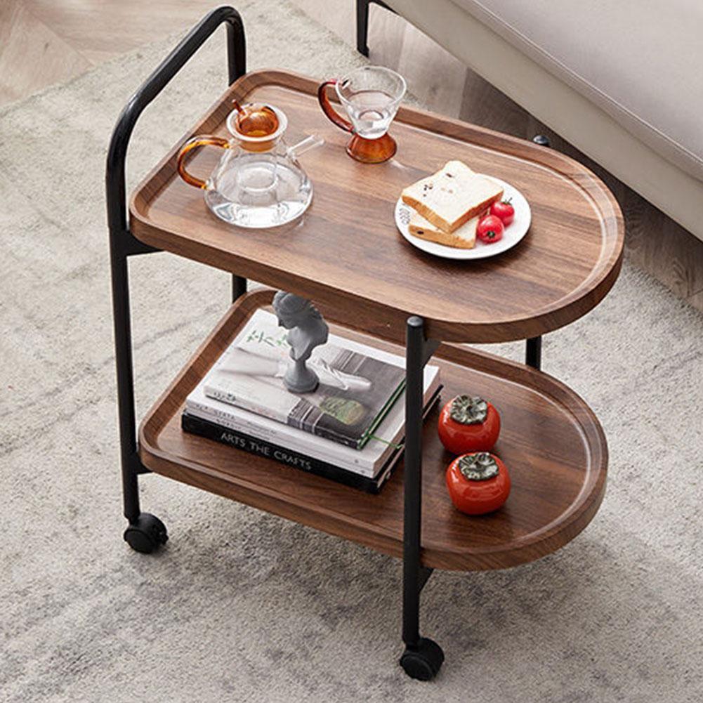 Walnut Wood Nordic Corner Table with Wheels Elegant Coffee Table Large Capacity Cart Side Rack for Reading Book Tea Vase