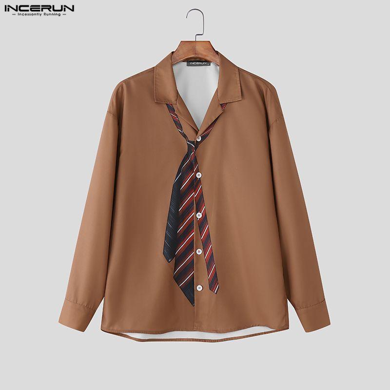 INCERUN Мужские рубашки оверсайз с лацканами, длинным рукавом, полосатым принтом, на пуговицах, повседневные