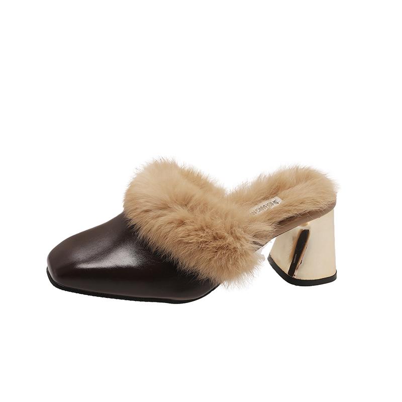 Женские тапочки с острым носком Элегантные мюли Тапочки Осенние меховые туфли на высоком каблуке Женские офисные туфли для работы Женские туфли Zapatos De Mujer
