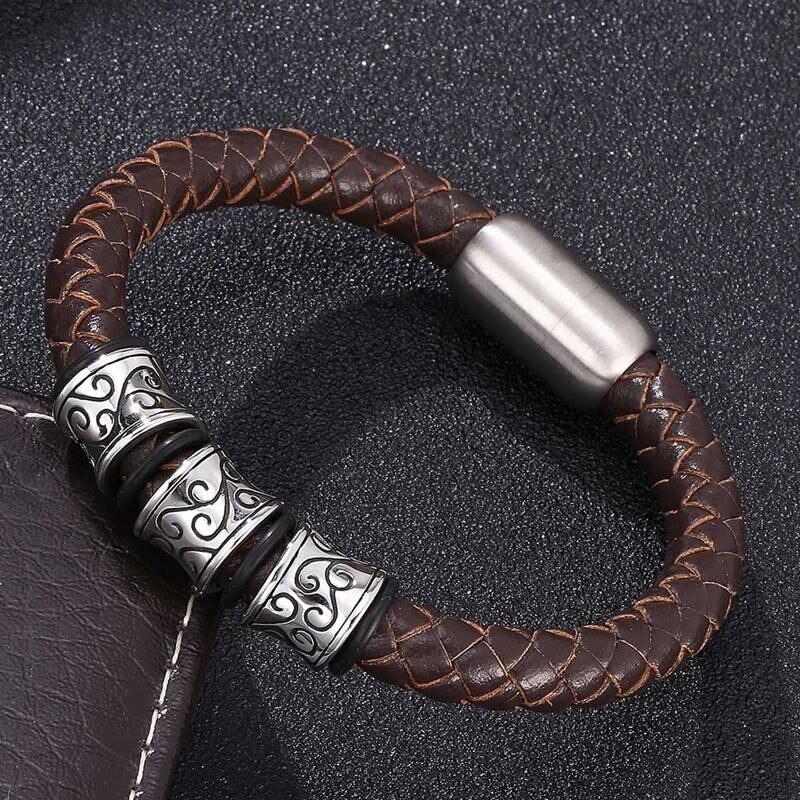 Fashion Men Jewelry Leather Bracelet Viking Charm Stainless Steel Cuff Bracelets With Strong Clasp Fashion Bangles