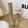 Модные зимние сапоги на толстой подошве, женские модные сапоги выше колена из искусственного меха, новые зимние теплые меховые сапоги, повседневная хлопковая обувь с пряжкой на ремне