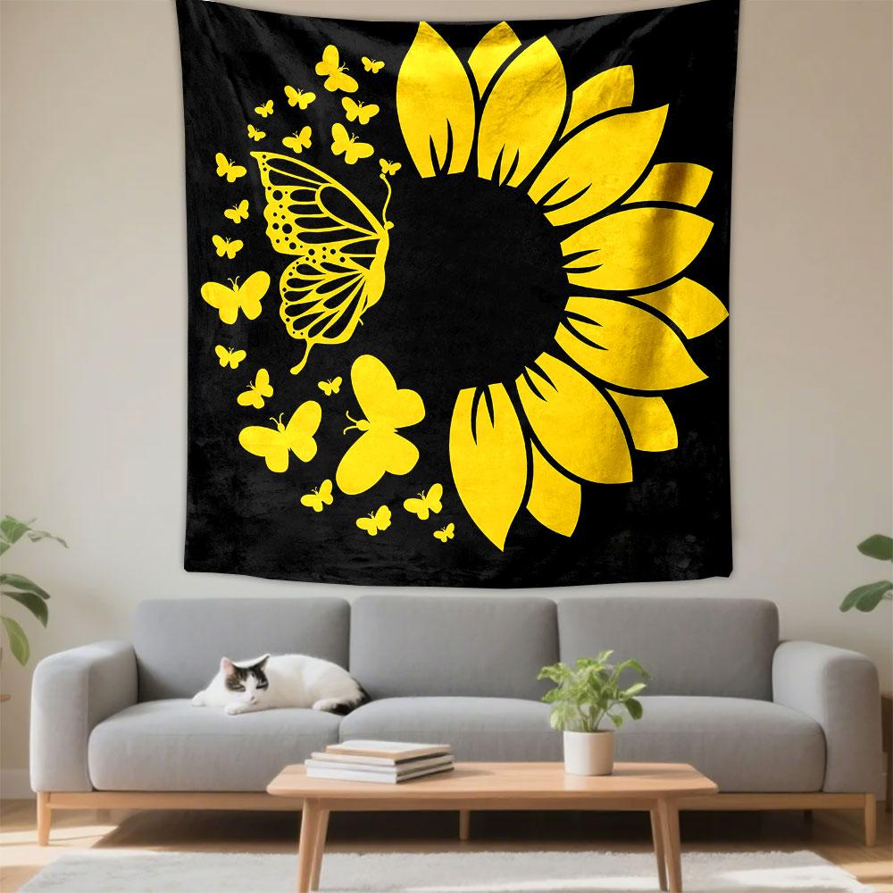 Butterflies and Sunflower Harmony Patterned Tapestry Decorative Wall Hanging, Home Bedroom Living Room Decor