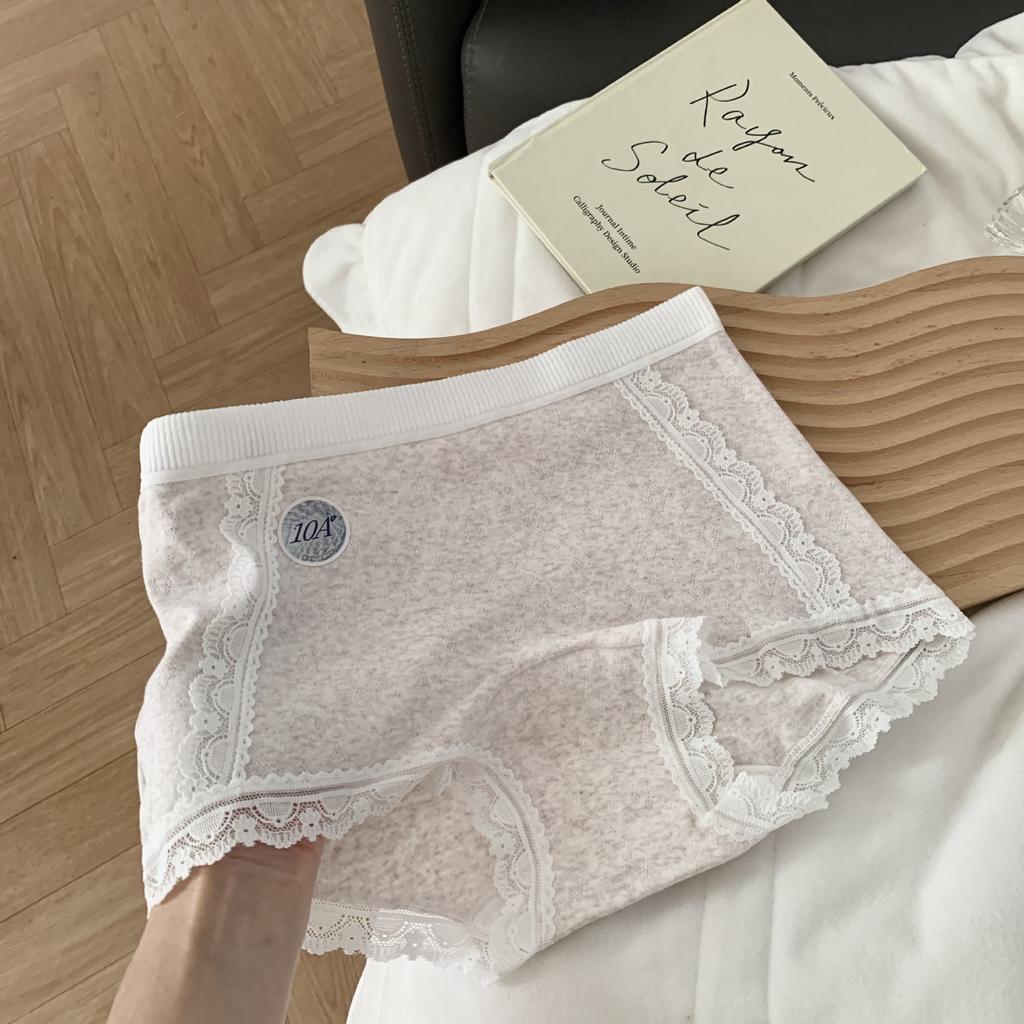 Female Spring and Autumn Pure Cotton Lace 10A Antibacterial Extended Crotch Wrap Hip Breathable Mid Waist Flat Angle Briefs