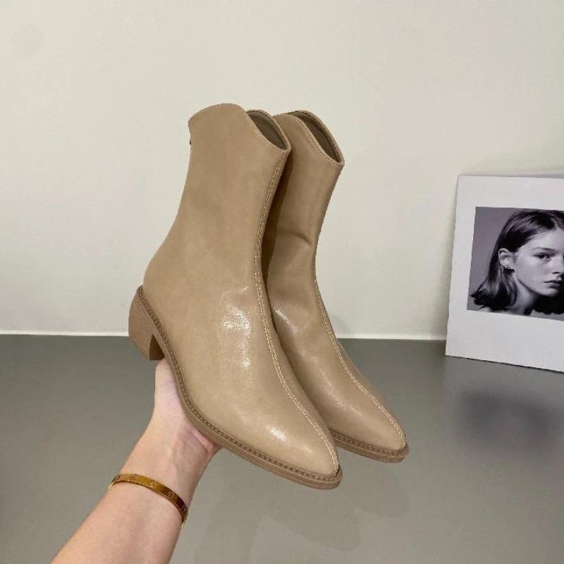 Ботильоны рабочие короткие туфли для женщин коричневые ботильоны с острым носком элегантные на среднем каблуке обувь тренд новинка в pu