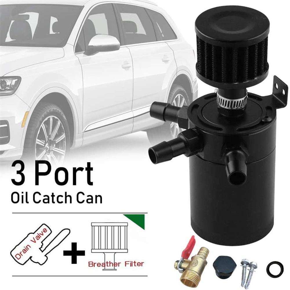 3 Port Oil Catch Can Kit 1 Oulet + 2 Intlet Compact Baffled Engine Oil Fuel Reservoir Tank with Breather Filter and Drain Valve