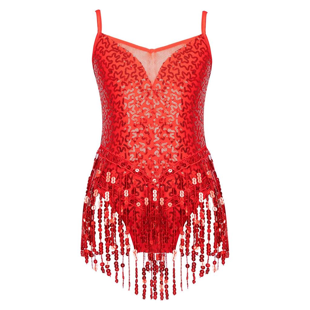Kids Girls Latin Dance Dress Sleeveless Sparkly Sequins Tassel Fringe Dress Latin Jazz Salsa Tango Samba Rumba Dance Costume