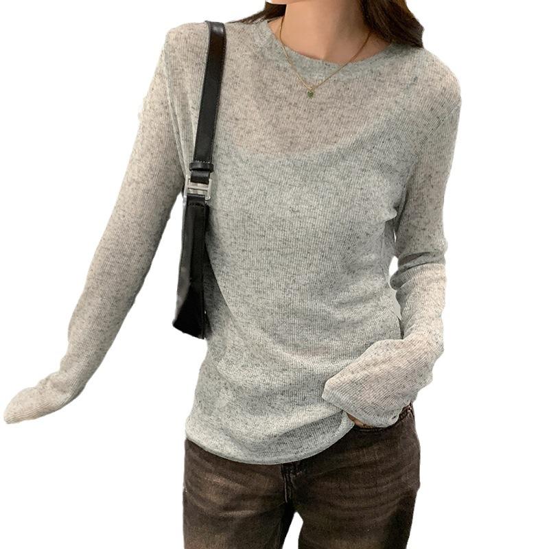 Микропрозрачная солнцезащитная футболка для женщин, летний свободный тонкий топ с круглым вырезом и длинными рукавами для женщин