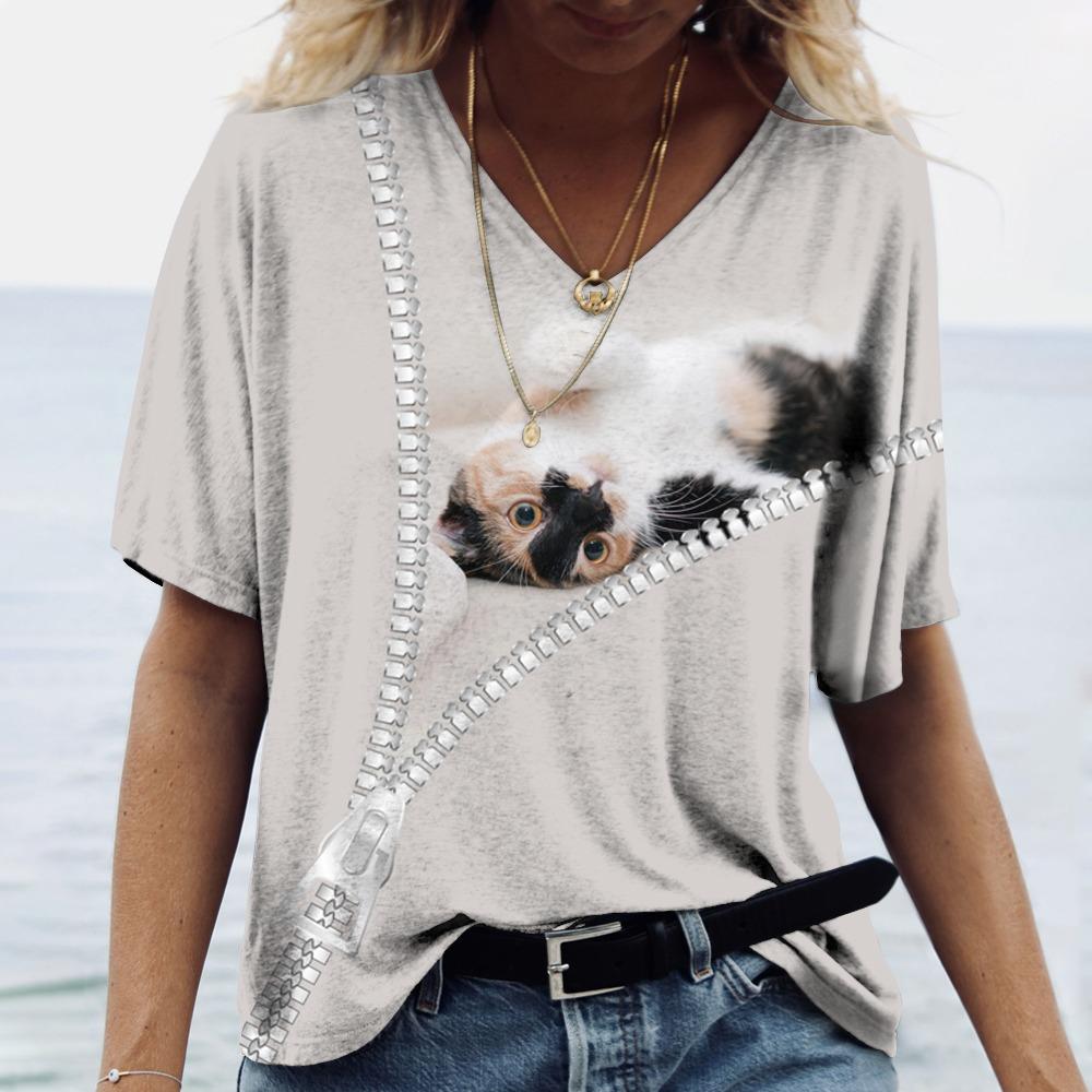 Футболка с 3D принтом кота, женские футболки большого размера с v-образным вырезом, топы, женские повседневные модные футболки с короткими рукавами, уличная одежда, женская одежда Y2k