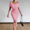 Elegant Temperament Commute Simple Light Cooked Off-the-shoulder Belt Slit Dress Dress