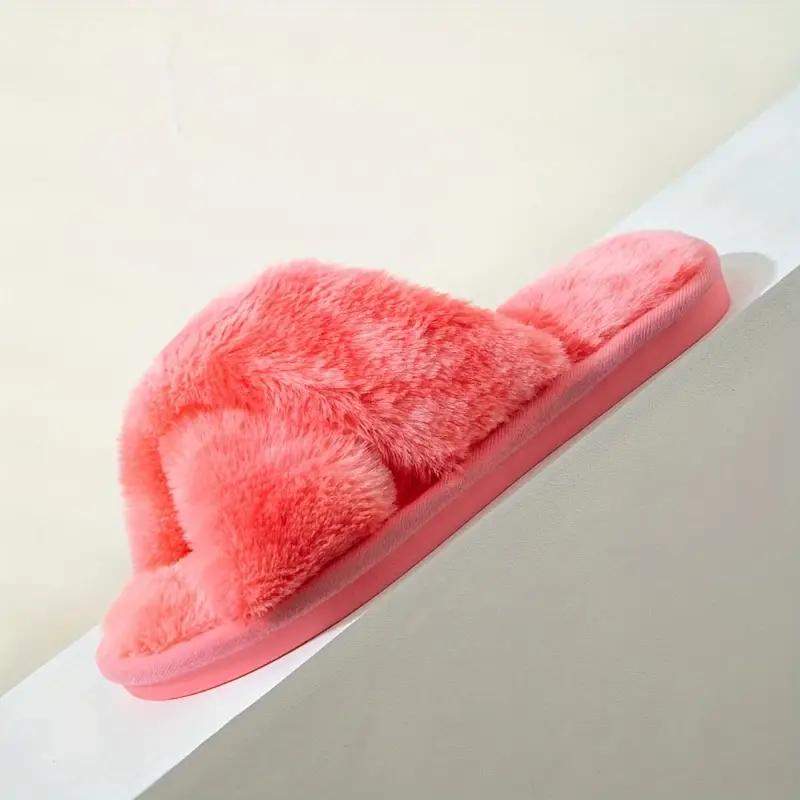 Women's Tie Dye Plush House Slippers, Warm Open Toe Slip On Shoes, Women's Cross Strap Flat Shoes