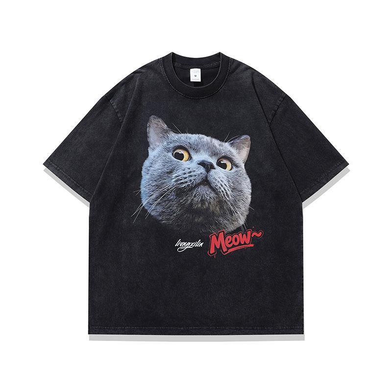 Men'S T-Shirt Street Retro Cat Digital Direct Injection Printing Pod Custom Cotton Washed Short-Sleeved T-Shirt Men
