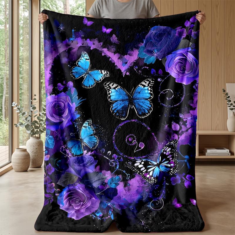 Purple Heart with Blue Butterflies Theme blanket Lightweight Warm Flannel Blanket Decorative Throw Blanket for Home Decoration