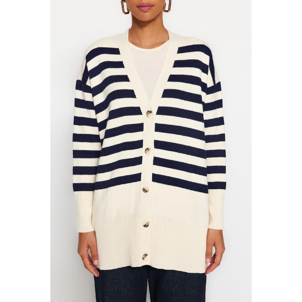 Темно-синий трикотажный кардиган в полоску с v-образным вырезом Tctaw24th00034