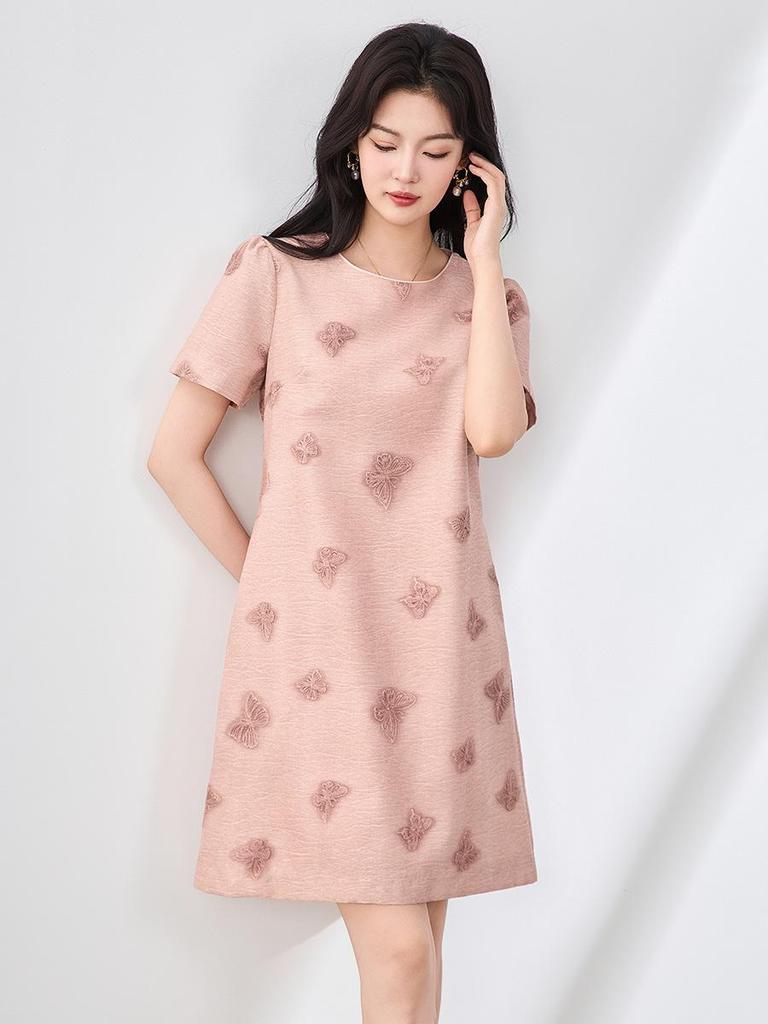 Tencel Linen A-line Dress with Butterfly Embroidery - French Style Slimming Fit for Women