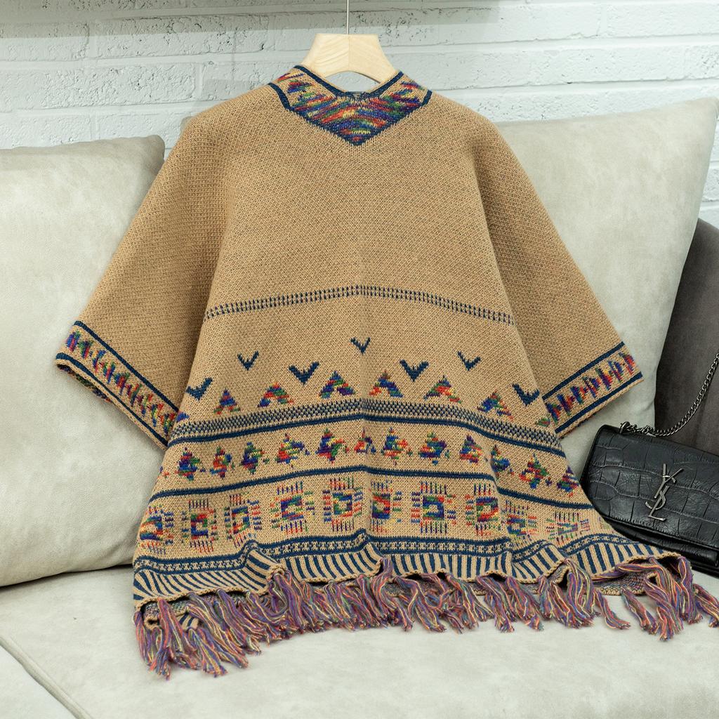 Women's Autumn and Winter Large Size Cardigan Fashionable Knitted Tassel Shawl Loose Jacquard Sweater Cape Top Women