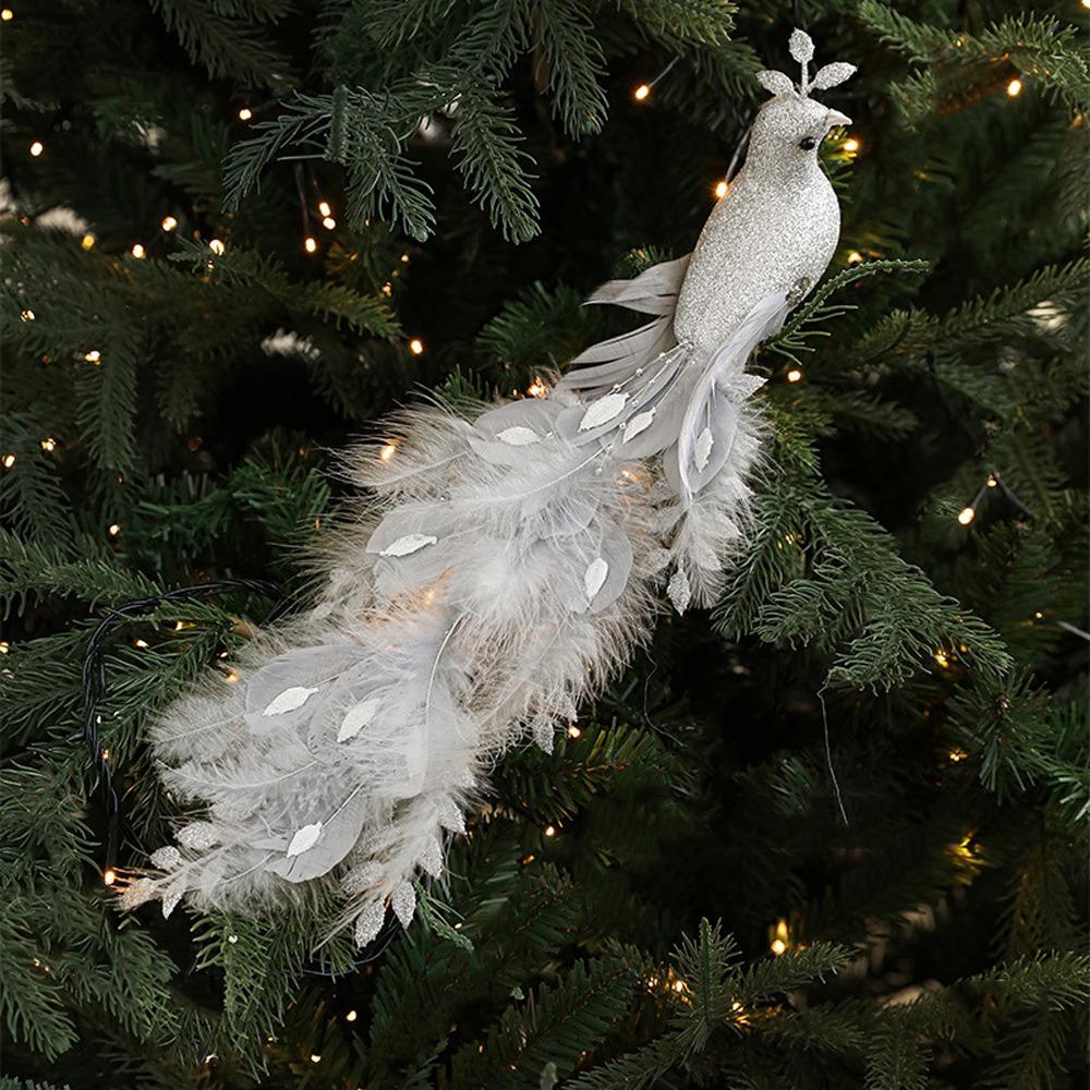 Long Tail Christmas Peacock Ornaments Realistic Glimmering Feather Artificial Peafowl Ornaments with Clip Handmade