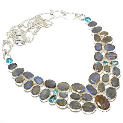 Ограненный драгоценный камень лабрадорит, ручная работа, серебряное ожерелье 925 пробы, 18 дюймов JCN378-45
