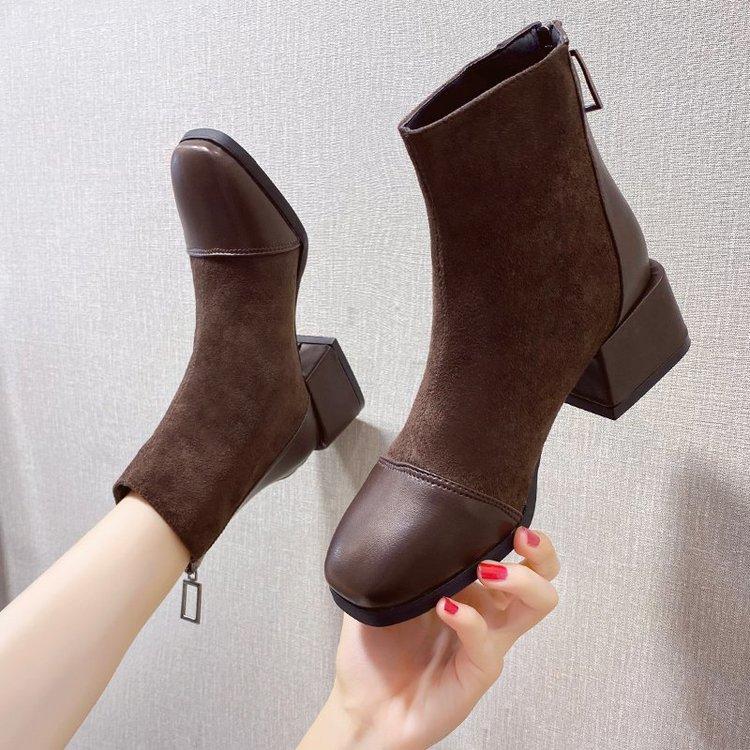 Black Fashion Boots Low Heel Zipper Nude Boots Dark Brown Spring and Autumn Women's Single Boots 35-42 Aunt Short Boots Women's